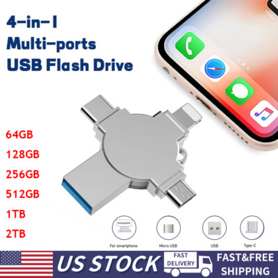 2TB USB 3.0 Flash Drive 4in1 Memory Photo Stick for iPhone Android iPad Type C