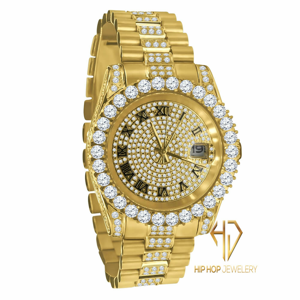 Pre-owned Bling Master 18k Yellow Gold Tone Stainless Steel Simulated Diamonds Presidential Watch 41mm