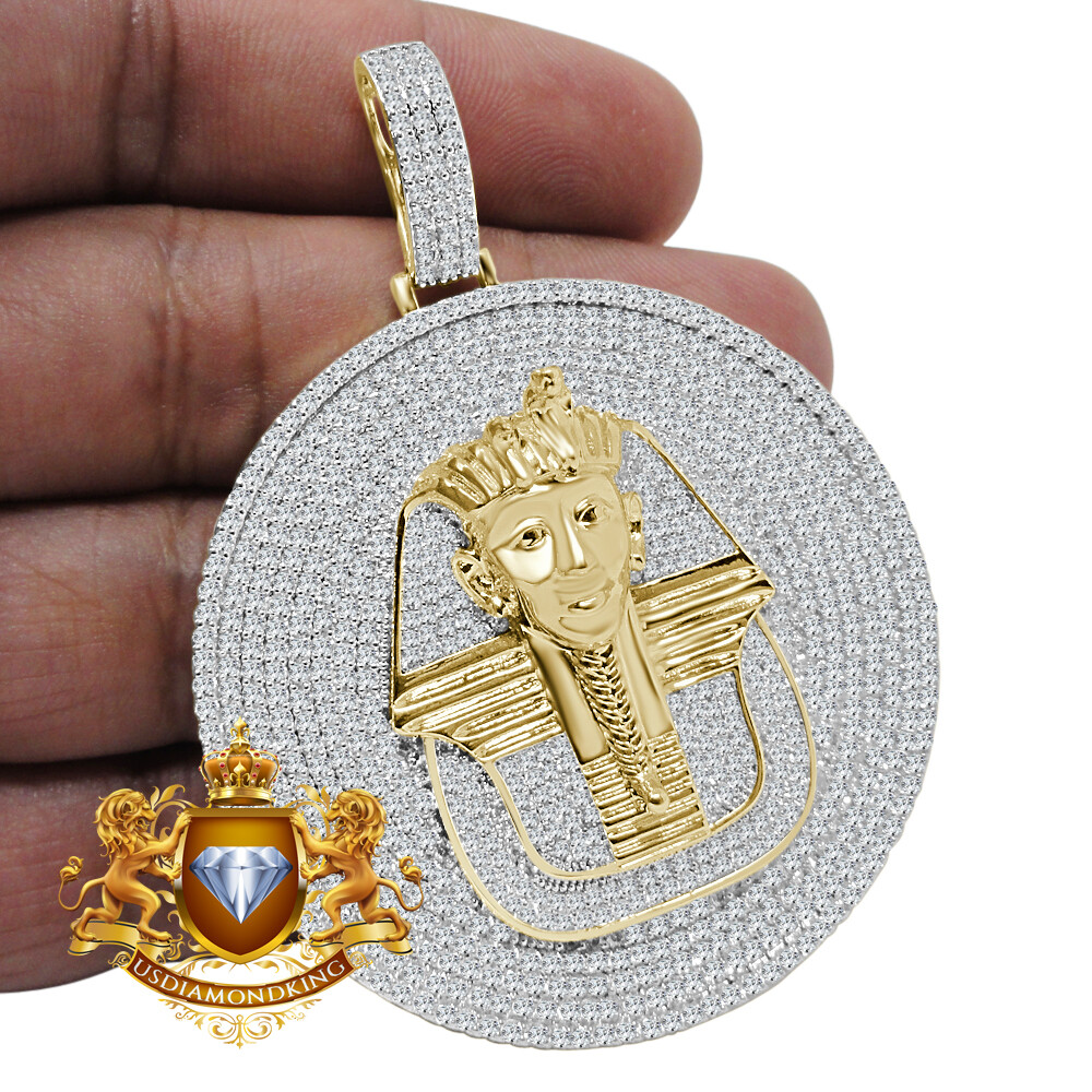 Pre-owned Us Diamond King Big 2.85 '' Real Sterling Silver Egyptian Queen Pharaoh Pendant Charm Medallion In Yellow/clear