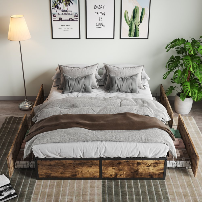 QUEEN Metal Slat Support RUSTIC Platform Bed Frame Storage Drawers Industrial