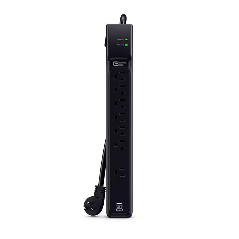 Commercial Electric Surge Protector Power Strip 7Outlet USB A & C 8ft 2100 Joule