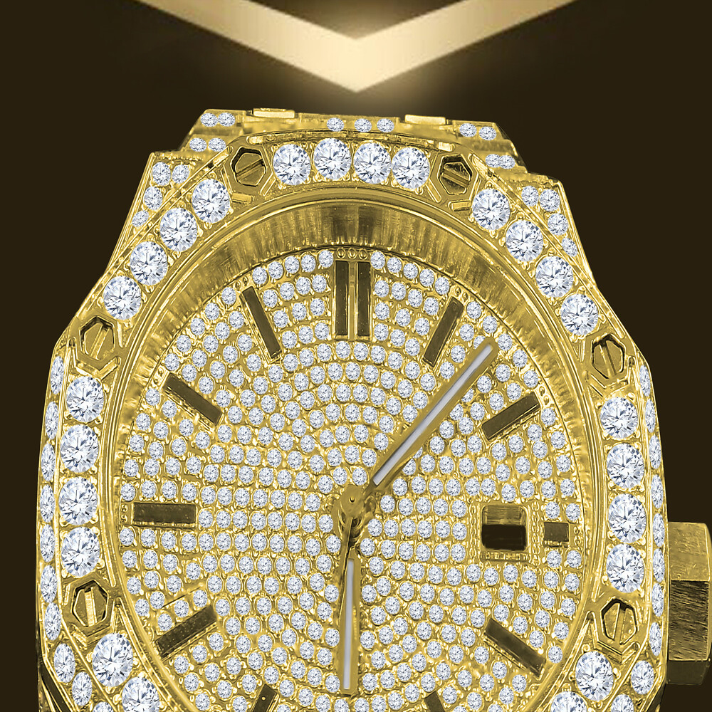 Pre-owned Bling Master Men's Full Steel Baguette Yellow Gold Tone Finish Simulated Diamond 42 Mm Watch