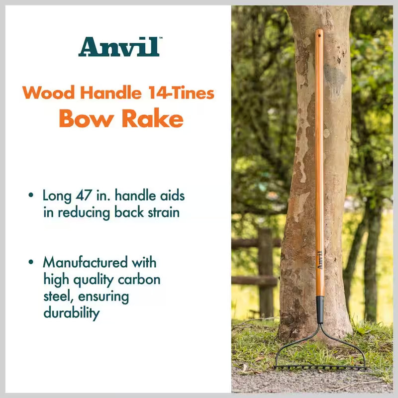 47″ in Wood Handle Garden Bow Rake Metal End Yard Lawn Care Tools Gardening