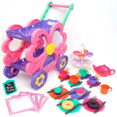 Flower Tea Cart Play Set Children Gift Toy Tea Pot W/ Light & Sound 45 Pieces