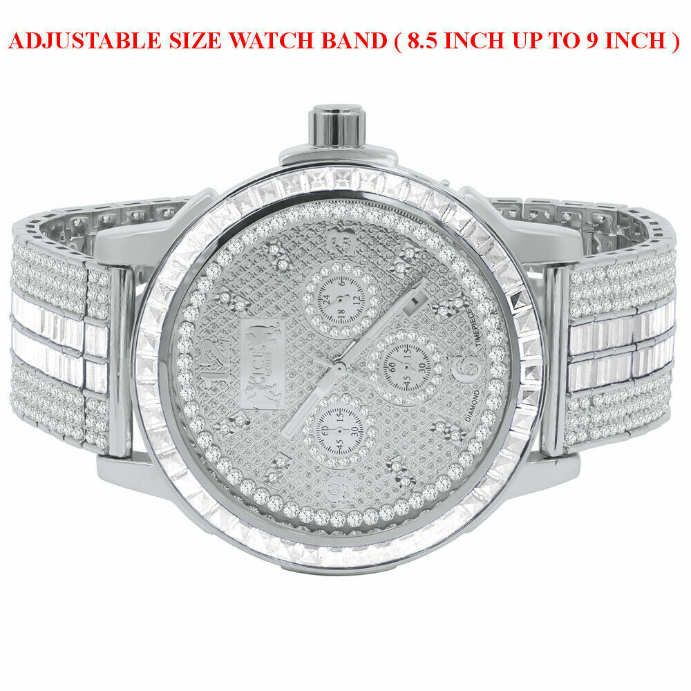 Pre-owned Ice House Custom Solid Steel Bezel Real Diamond Dial White Gold Tone Adjustable Band Watch