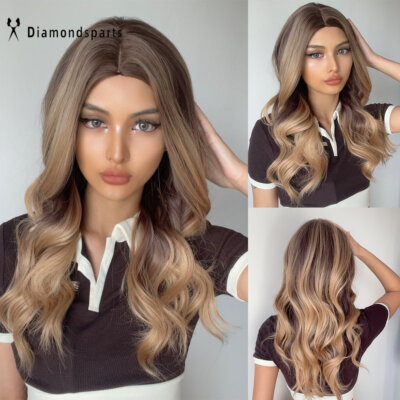 US Highlight Brown Blonde Wigs Long Wavy Synthetic Hair for Women Daily Use Wigs