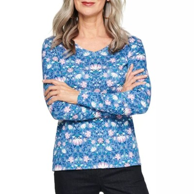 Croft & Barrow Women's Essential Long-Sleeve V-Neck Top Blue Purple Floral