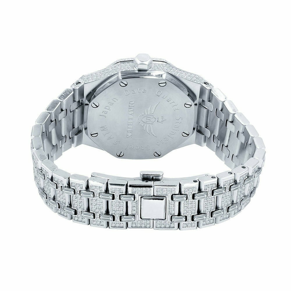 Pre-owned Bling Master Full Steel Baguette Men's White Gold Tone Finish Simulated Diamonds 42 Mm Watch