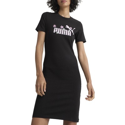 Puma Essential Приталенное платье-футболка с коротким рукавом и цветочным рисунком, женское черное повседневное платье 682094