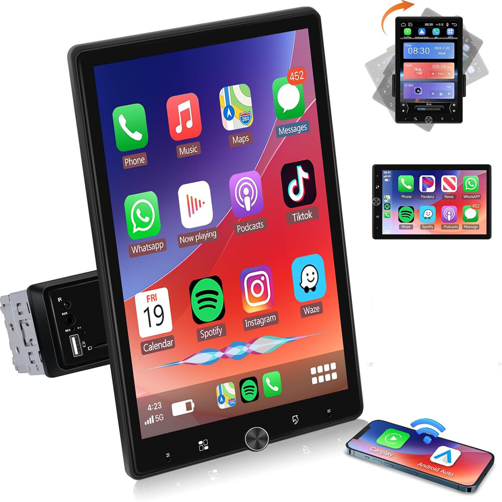 Single 1 DIN Rotatable 10.4" Touch Screen Car Stereo Radio GPS Carplay WIFI BT