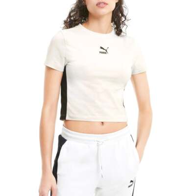 

Puma Classics T7 Укороченная футболка с круглым вырезом и коротким рукавом Женские серые повседневные топы, Grey