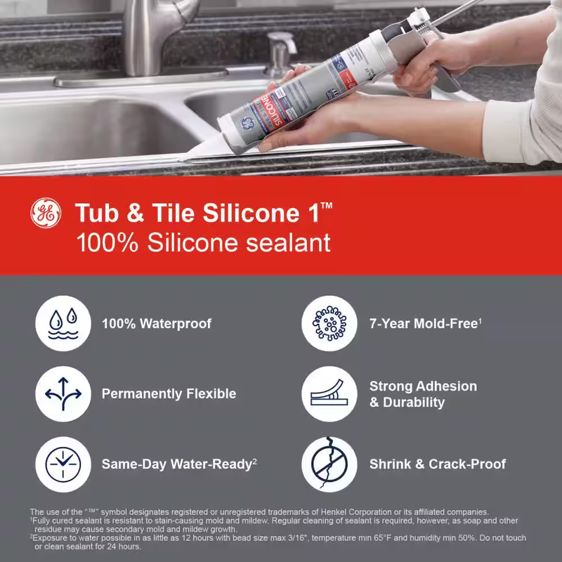 Tub and Tile Silicone 1 Caulk 10.1 Oz Kitchen and Bath Sealant White