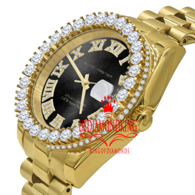 Pre-owned Bling Master Mens Solid Steel Black Dial 18k Gold Simulated Diamonds Presidential Watch 42mm