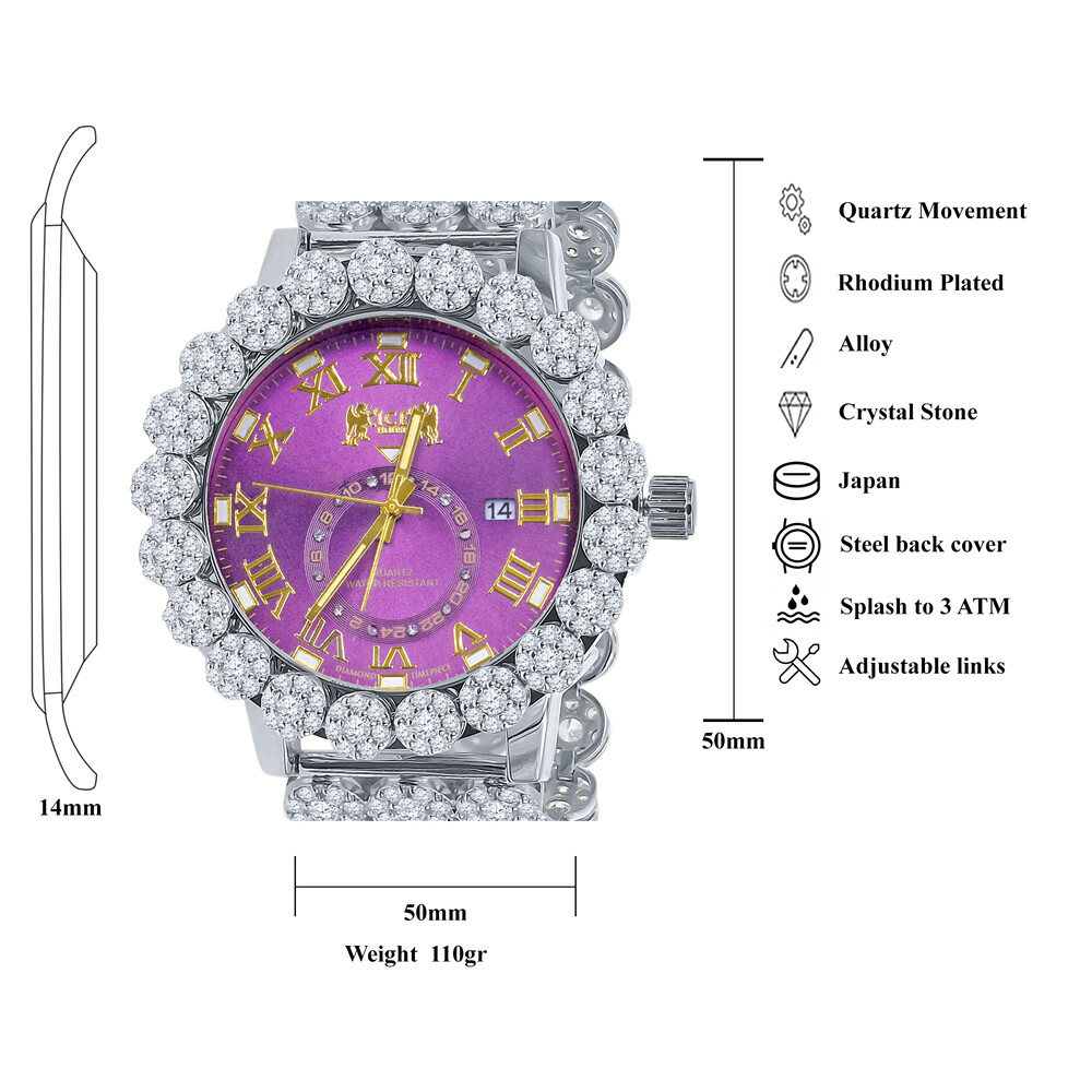 Pre-owned Icy Purple Amethyst 12 Real Diamond Roman Dial Flower Band Bezel Gold Tone Watch