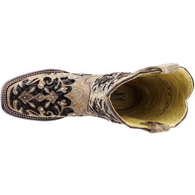 Pre-owned Corral Boots Sequined Tooledinlay Square Toe Cowboy Womens Brown Dress Boots A3