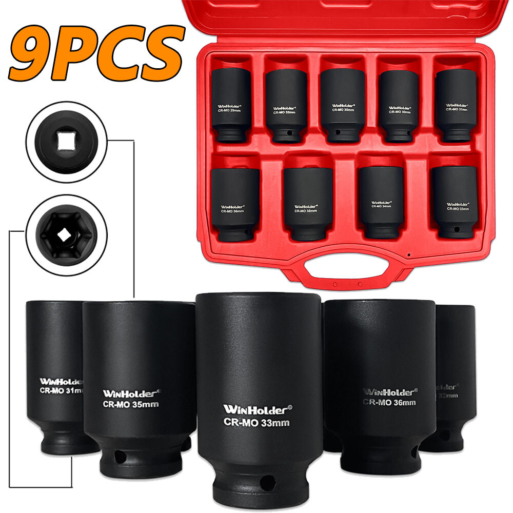 HOYETO 9-Piece Metric Impact Socket Set - 1/2" Drive, 29-38mm, Long For Auto Repair