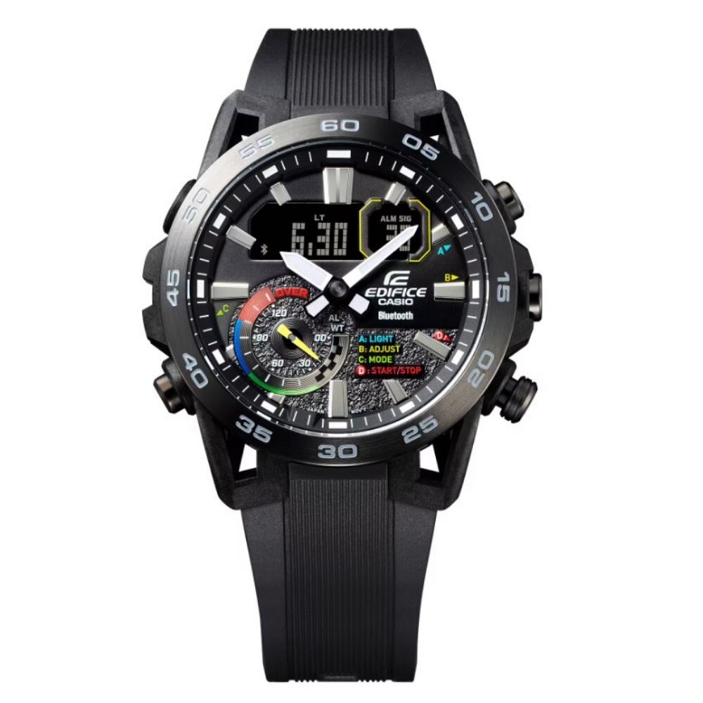 Pre-owned Casio Edifice Black Dial And Resin Strap Men Watch Ecb-40mp-1adf
