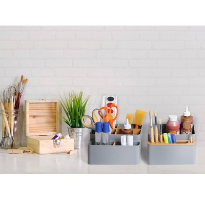 Bamboo Pen And Pencil Caddy Set With Drop-in Dividers, Phone Holder Storage Of