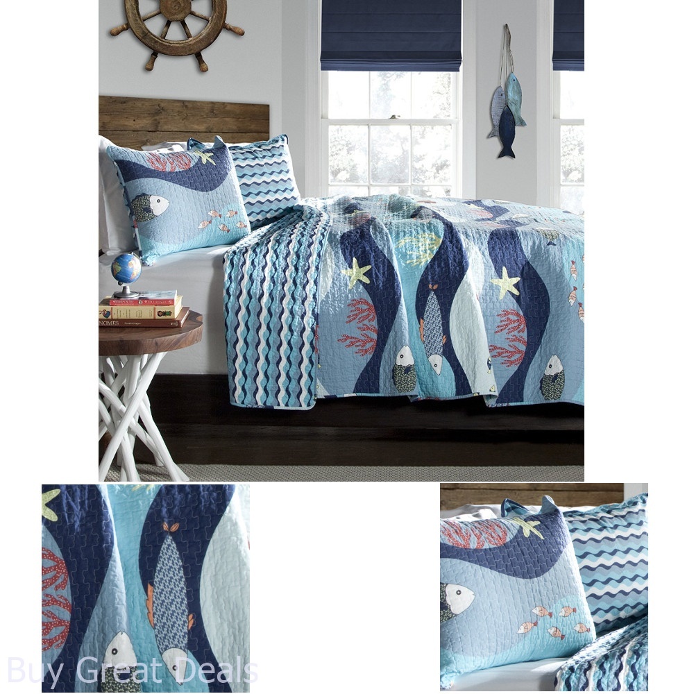 Sea Life Pattern Cotton Quilt Set Tropical Fish Ocean Coral