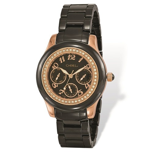 Pre-owned Chisel Women's Watch Quartz Rose Gold Ip Plated Case Black Dial Ceramic Bracelet