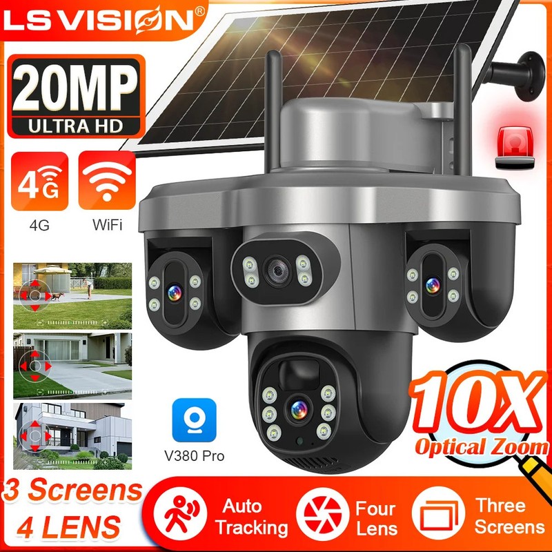 20MP 4G Solar Camera 4 Lens 3 Screens 10X Optical Zoom Outdoor Wireless Security