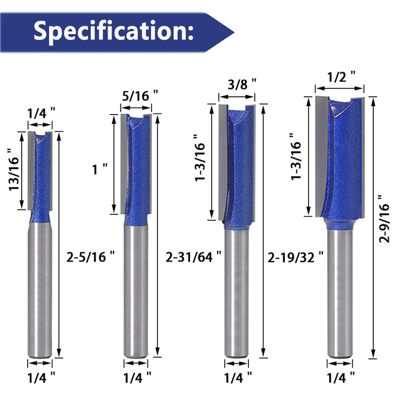 4pcs Straight Cut Router Bits 1/4-Inch Shank Double Flute Straight Router bit Se