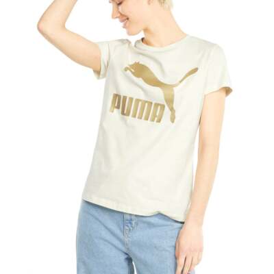 

Puma Classics Logo Crew Neck Футболка с коротким рукавом женская бежевая повседневная 530077-73, Бежевый