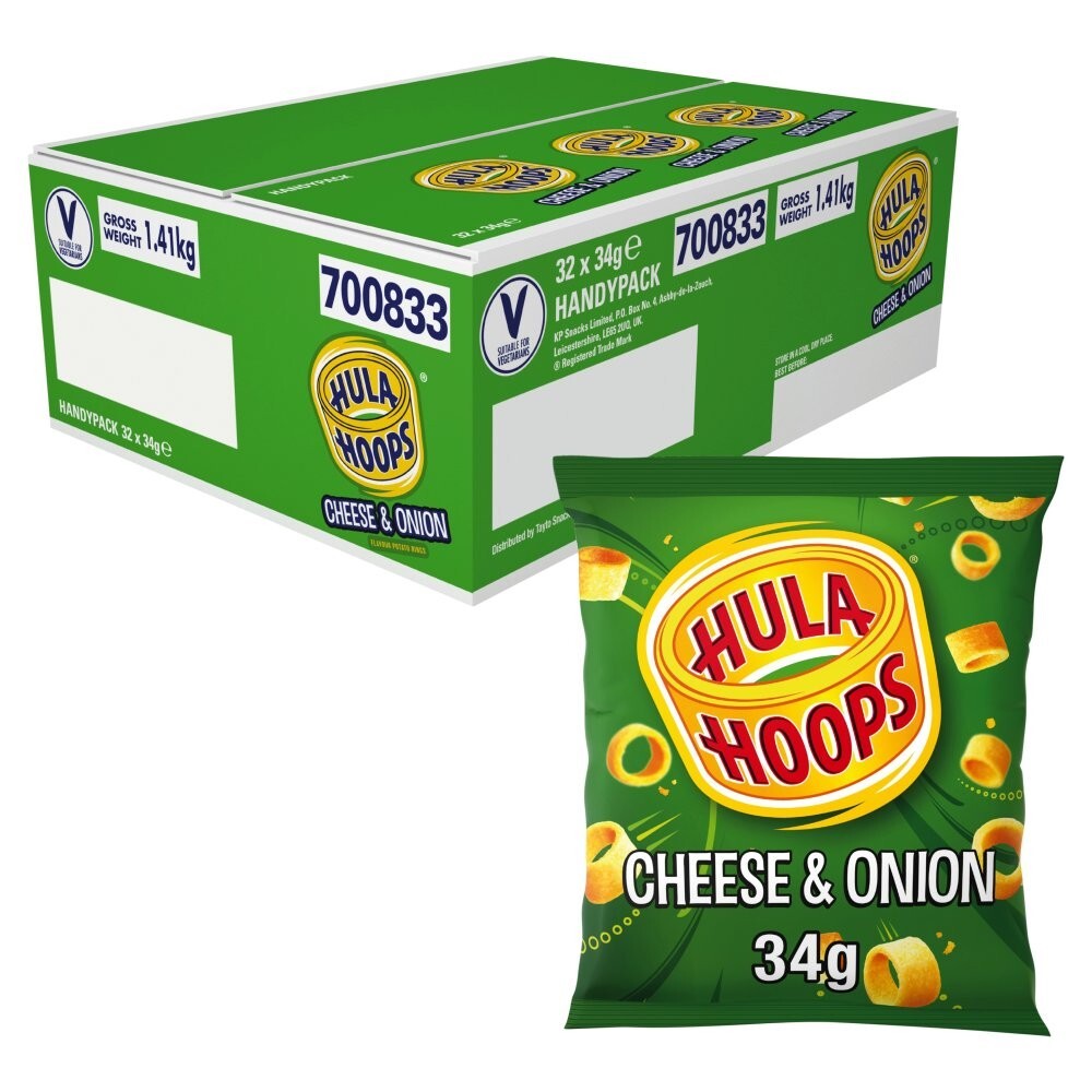 HULA HOOPS CHEESE & ONION POTATO RINGS  CRISPS 34g BAG FULL BOX (PACK OF 32)
