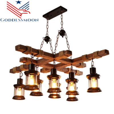 8-Light Rustic Country Chandelier Wood Pendant Lamp Industrial Ceiling Fixture