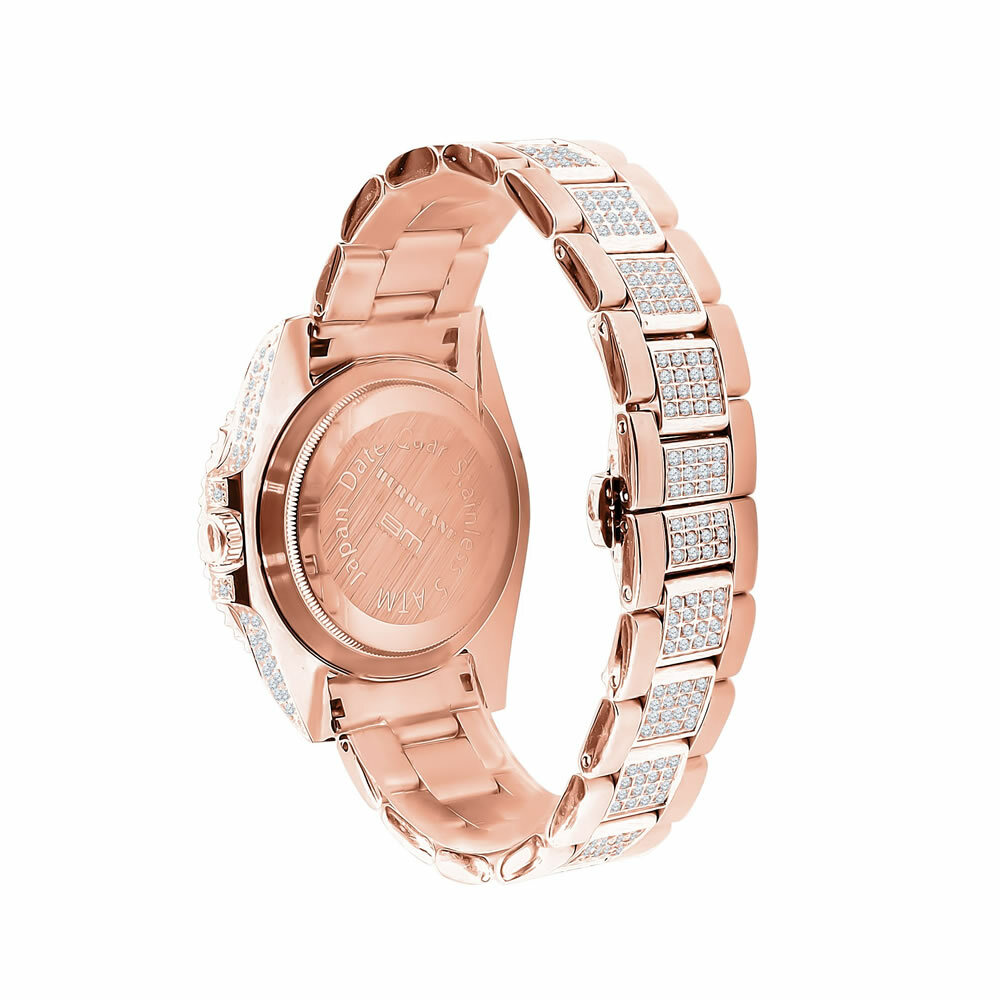 Pre-owned Bling Master 18k Solid Steel Rose Gold 2 Tone Baguette Simulated Diamond W/date 40mm Watch