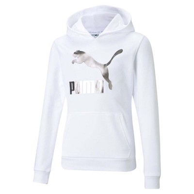 Puma Classics Logo Hoodie Pullover Hoodie Молодежные девушки Белая повседневная верхняя одежда 530