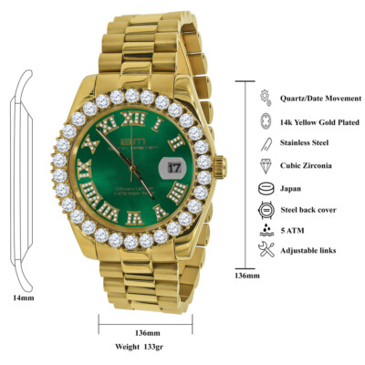 Pre-owned Bling Master Mens Solid Steel Green Dial 18k Gold Simulated Diamonds Presidential Watch 42mm