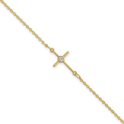 Pre-owned Superdealsforeverything Leslie's Real 14kt Yellow Gold Polished Cz Cross 1in Ext. Chain Bracelet; 7 Inch