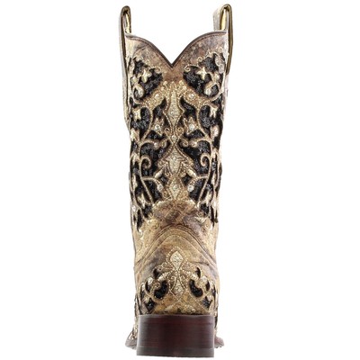 Pre-owned Corral Boots Sequined Tooledinlay Square Toe Cowboy Womens Brown Dress Boots A3