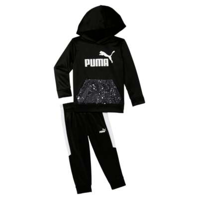 Пуловер из технического флиса Puma, комплект из 2 предметов с капюшоном и спортивными штанами для маленьких мальчиков, черная повседневная одежда