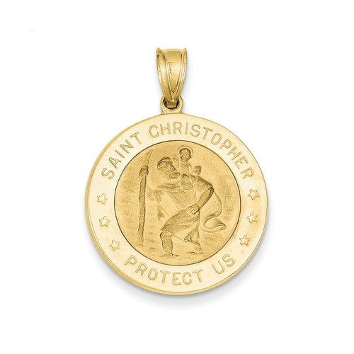 Pre-owned Pricerock 14k Yellow Gold Satin & Polished St. Christopher Protect Us Round Medal Pendant