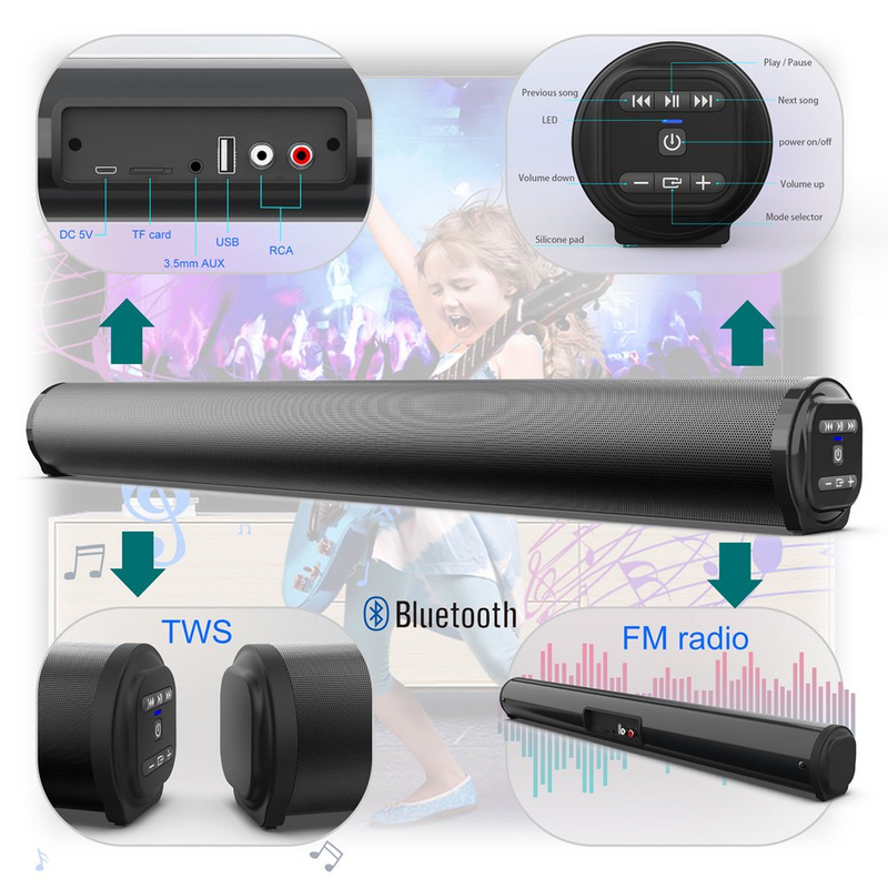 Soundbar Built in Subwoofer AUX Connection TV Speaker Home Theater Wall Mountabl