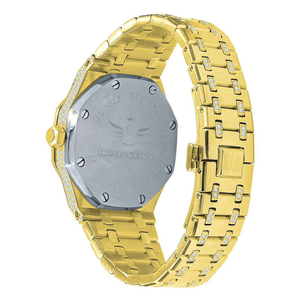 Pre-owned Bling Master Men's Full Steel Baguette Yellow Gold Tone Finish Simulated Diamond 42 Mm Watch