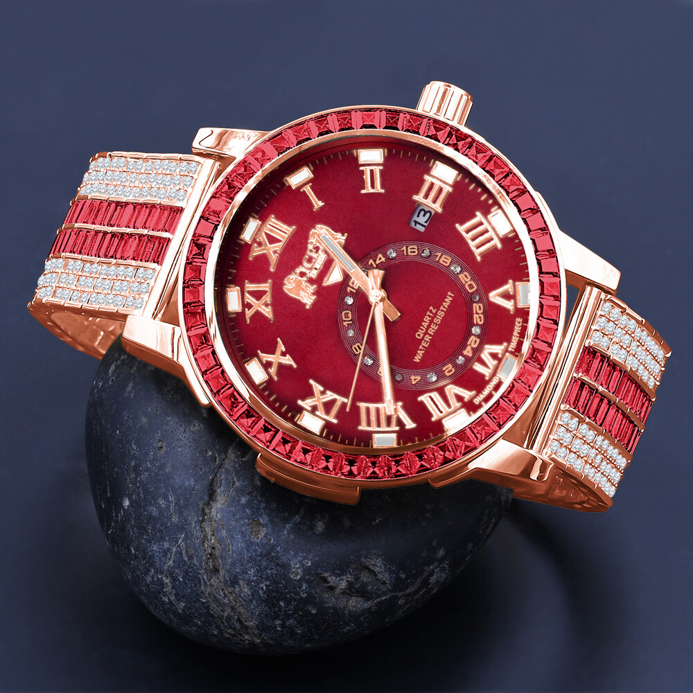 Pre-owned Ice House Icy Red Baguette Rose Gold Tone Red Face Dial Custom Band Luxury Watch