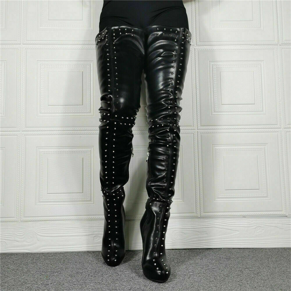 MARKENOLS DAMEN HIGH HEEL POINTY NIETEN OBERSCHENKEL STIEFEL OVERKNEE REISSVERSCHLUSS SCHUH