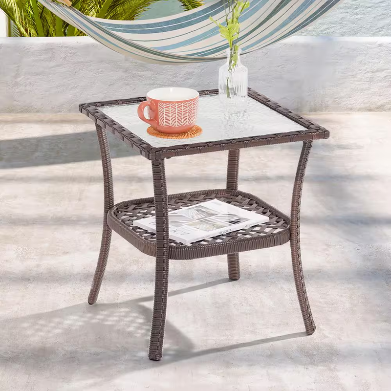 Outdoor Rattan Side Table Patio End Table Glass Top Wicker Coffee Table Brown