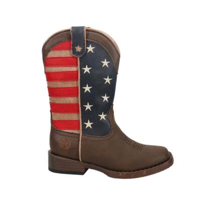 Roper American Patriotic Square Toe Cowboy Youth Boys Brown Casual Boots 09-018