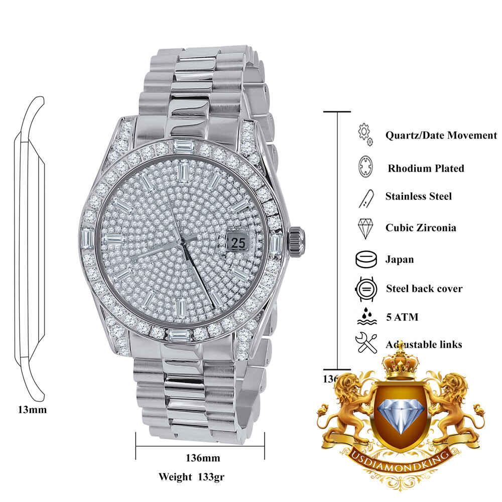 Pre-owned Bling Master Solid Steel 18k White Gold Tone Baguette Simulated Diamond President Watch 40mm