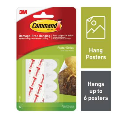 3M Command 17024 Poster Strips Small 12 Strip Strong Hold Hang DamageFree, White