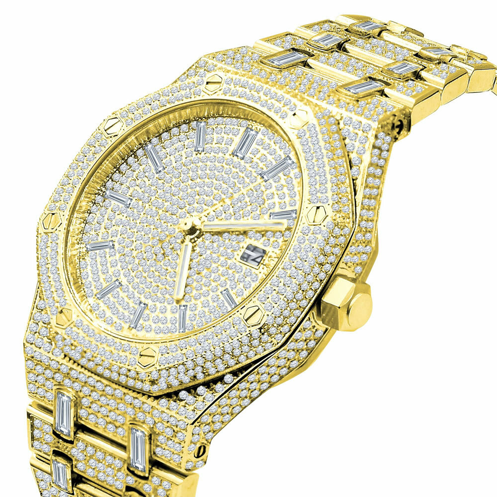 Pre-owned Bling Master Full Steel Baguette Men's Yellow Gold Tone Finish Simulated Diamonds 42 Mm Watch