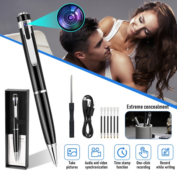 Spy pen camera with accessories for covert recording.