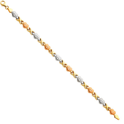 Pre-owned Wellingsale 14k Tri Color Gold Diamond Cut Heart Bracelet - 7.25"