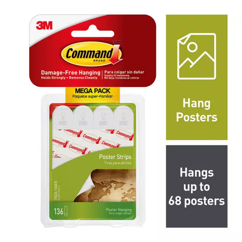 Command Poster Strips Adhesive Wall Hanging Damage Free 136 Strips Plastic