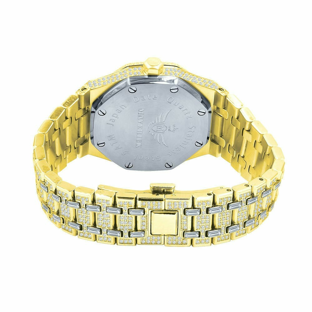 Pre-owned Bling Master Full Steel Baguette Men's Yellow Gold Tone Finish Simulated Diamonds 42 Mm Watch