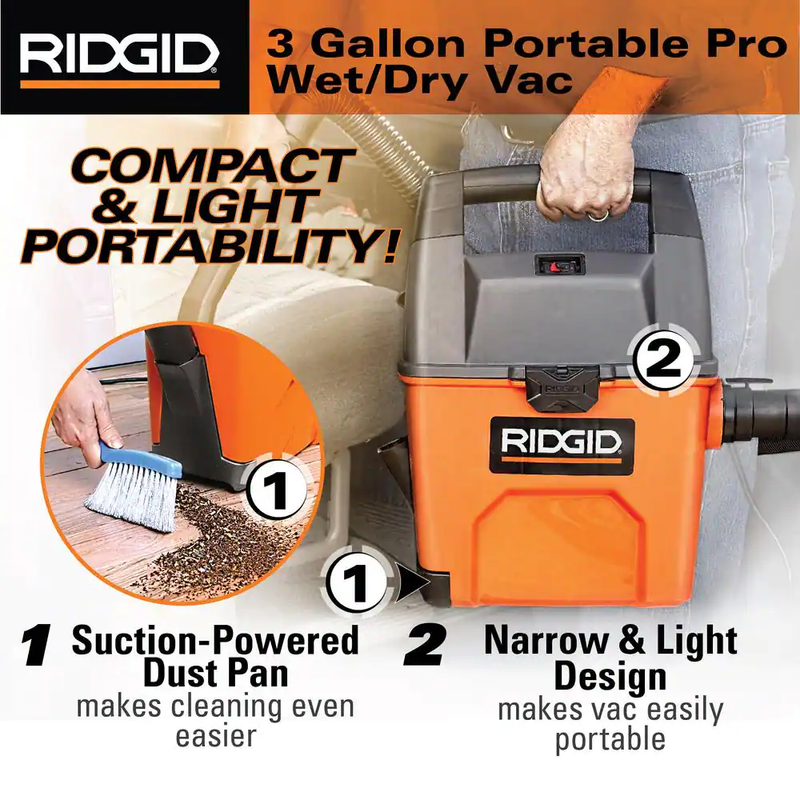 Rigid Wet Dry Vacuum Small Portable Shop Vac Cleaner Hose Lightweight 3Gal. NEW